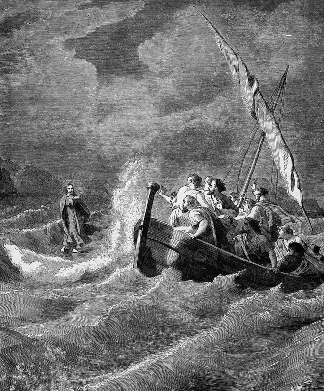 Be confident, it is me, do not be afraid, chapter 14, verse 27, Matthew Gospel, miracle, Jesus walks on water, comfort, sea, storm, high waves, danger, fear, small boat, disciples of Jesus, sail, New Testament, Bible, historical illustration 1850