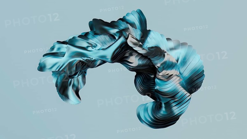 Abstract 3D shape with fluid, organic curves in shades of metallic blue, creating a dynamic and modern visual effect. Set against a light blue background for contrast