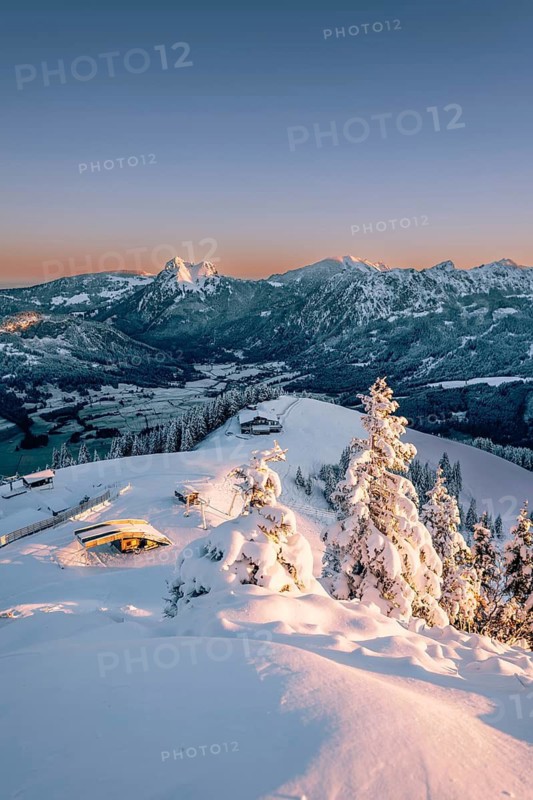 Snow-covered windscape in the Alps at Neunerköpfle in the Tannheimer Tal in Tyrol, Austria