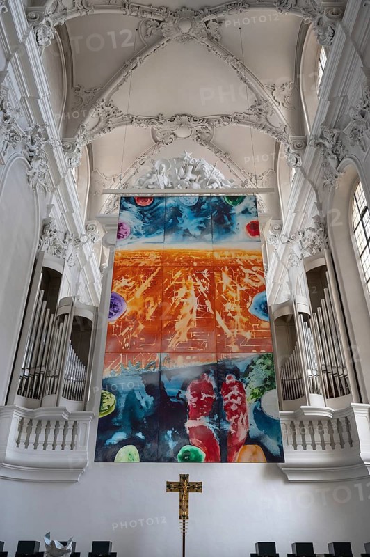 Luminous altarpiece by the painter Jacques Gassmann, Heavenly Jerusalem created in 2011, chancel of the Augustinian Church, Dominikanerplatz, Würzburg, Lower Franconia, Bavaria, Germany
