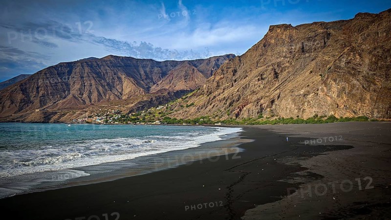 Cliffs form an impressive coastline that meets a dark beach, volcanic sand and wild ocean, hiking, Tarrafal de Monte Trigo, Santo Antao, Cabo Verde, Cape Verde, Cape Verde