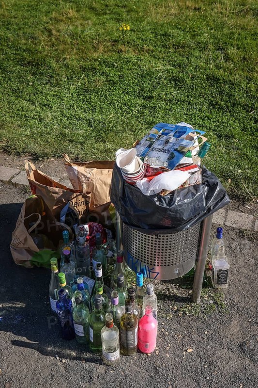 Bochum, North Rhine-Westphalia, Germany - Overfilled rubbish bin in Westpark in Bochum Stahlhausen