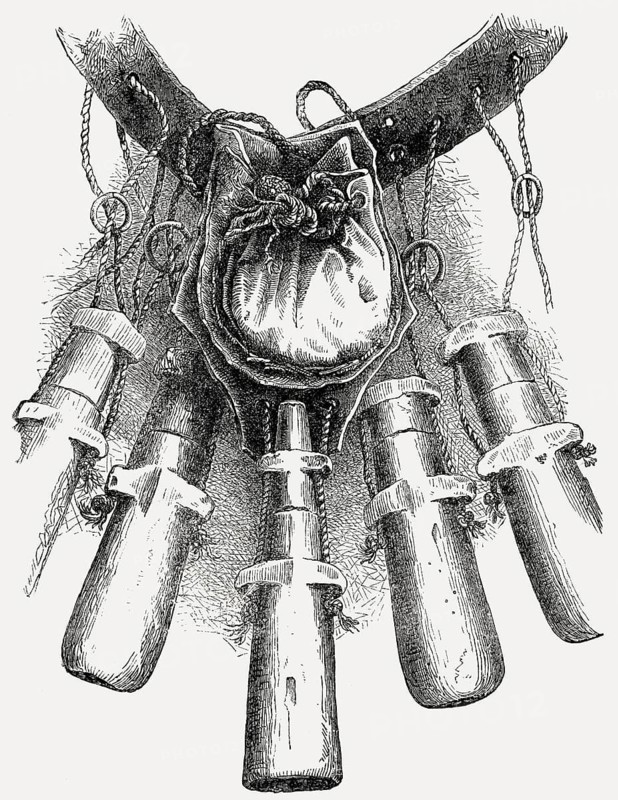17th century bandolier, strap attached with powder charges and bulletbag, From British Battles on Land and Sea, by James Grant