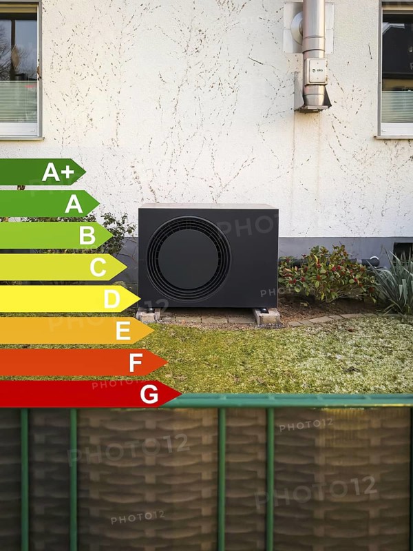 A black heat pump with efficiency classes according to the GEG in a front garden in Langenfeld, Germany