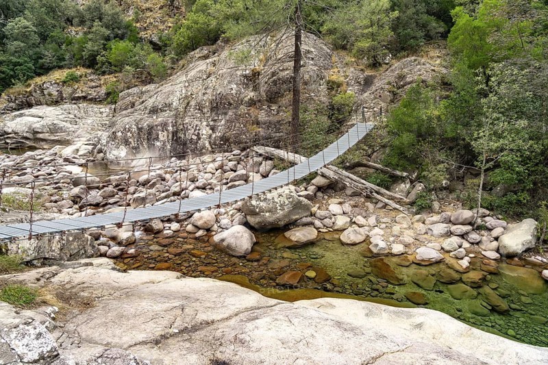 Suspension bridge over the Figarella river in the forest of Bonifatu Forêt De Bonifatu, Corsica, France