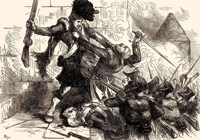 A solitary Highland sentinel named Fraser, guard before the prison door, Battle of Castlebar on 27 August 1798, From British Battles on Land and Sea, by James Grant