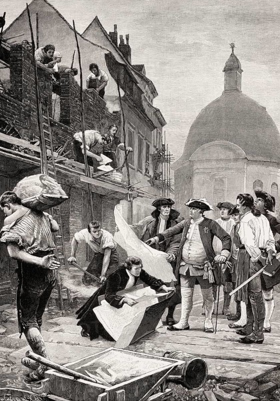 Friedrich Wilhelm I. visits the new buildings at Friedrichstadt, Berlin, Germany, 18th century