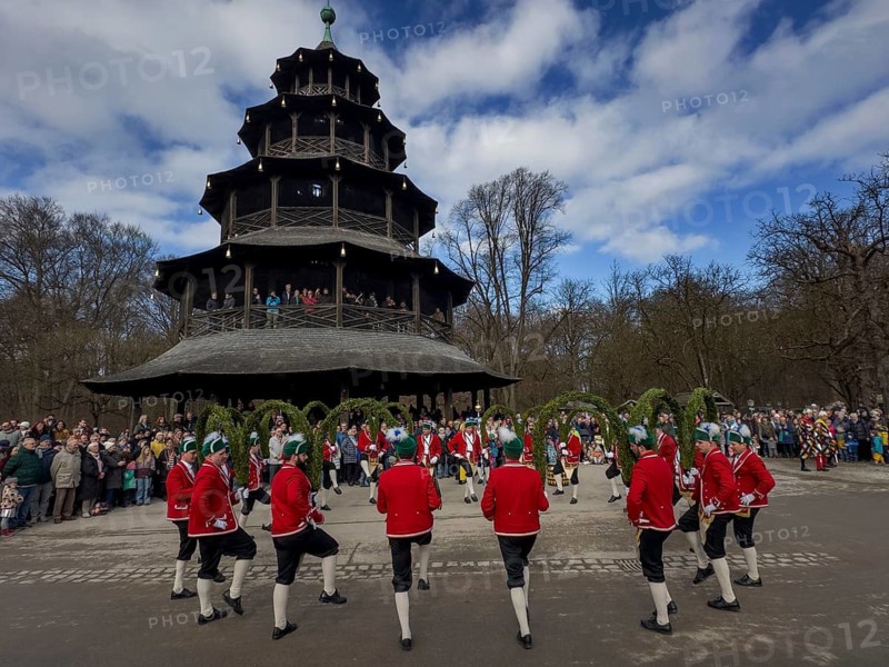 Schaeffler dance in 2026 in the English Garden, behind the Chinese Tower. The event takes place every 7 years between Epiphany and Shrove Tuesday, Munich, Bavaria, Germany