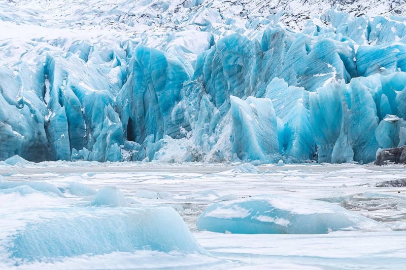 Glacier lagoon, glacier ice, forged glacial lake, snow, winter, Svinafellsjökull, Breiðamerkurjökull, Vatnajökull, Iceland, Scandinavia