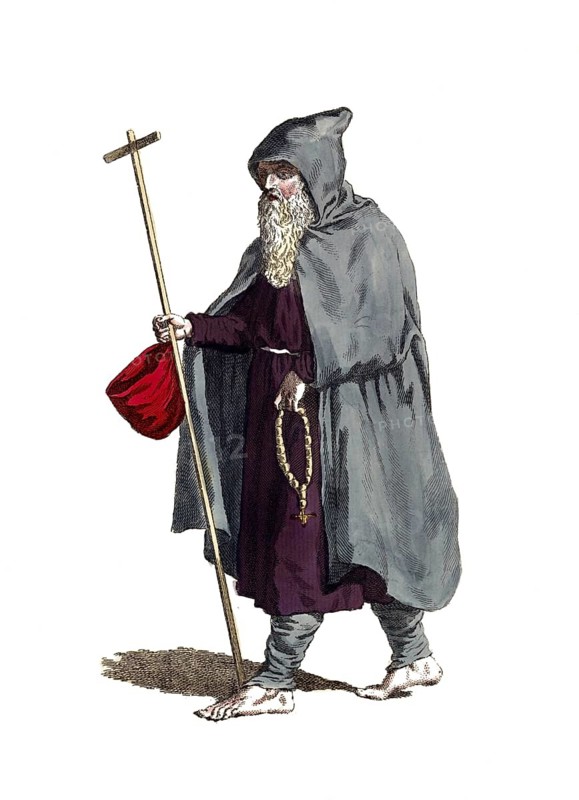 Historical clothing, fashion over time, robe of a mendicant monk in 1588, digitally restored reproduction of a model from the 18th/19th century, exact date unknown, pilgrim with grey cloak and hood, holding a stick and has a long beard