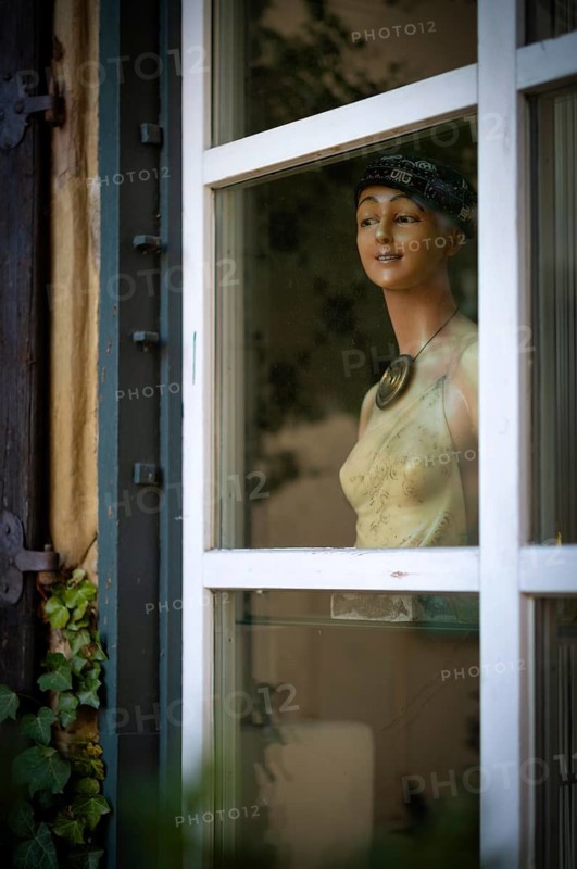 Bust of a mannequin, figure, doll of a woman, fashion doll, looking out of window, smiling, watching, Bad Wimpfen, Kraichgau, Baden-Württemberg, Germany
