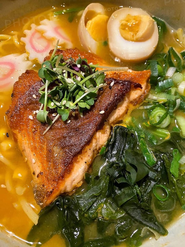 Ramen with udon noodles, salmon, egg, Stuttgart, Baden-Württemberg, Germany