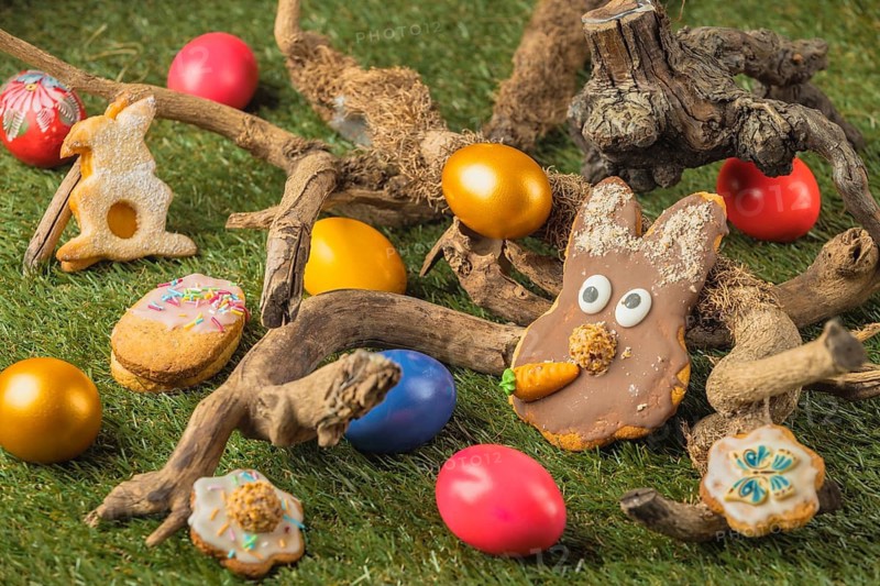 Easter cookies and colorful eggs in a natural backdrop of wood and grass