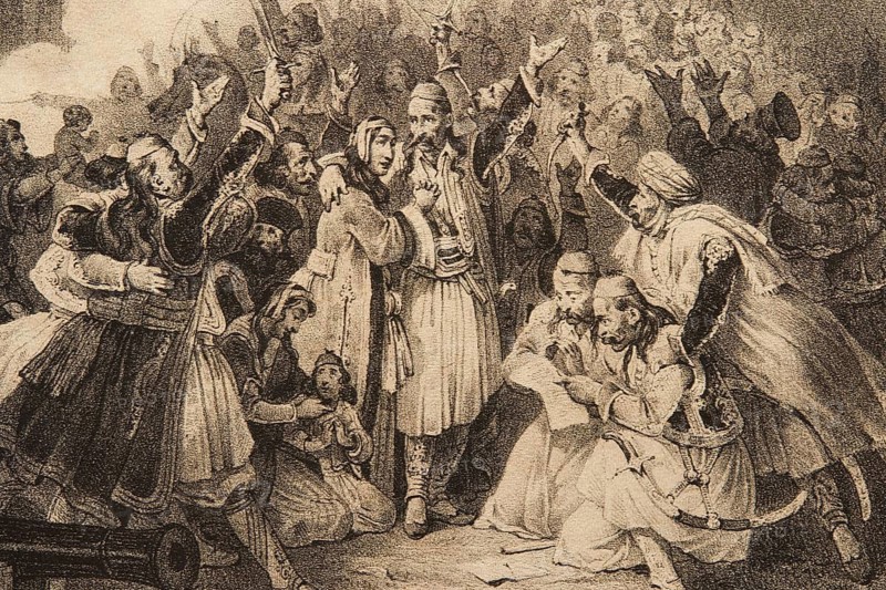 Lively historical scene with a crowd of people interacting emotionally, Historical Museum, Battle of Navarino 1827, Tsiklitiria's House, Pylos, Peloponnese, Greece