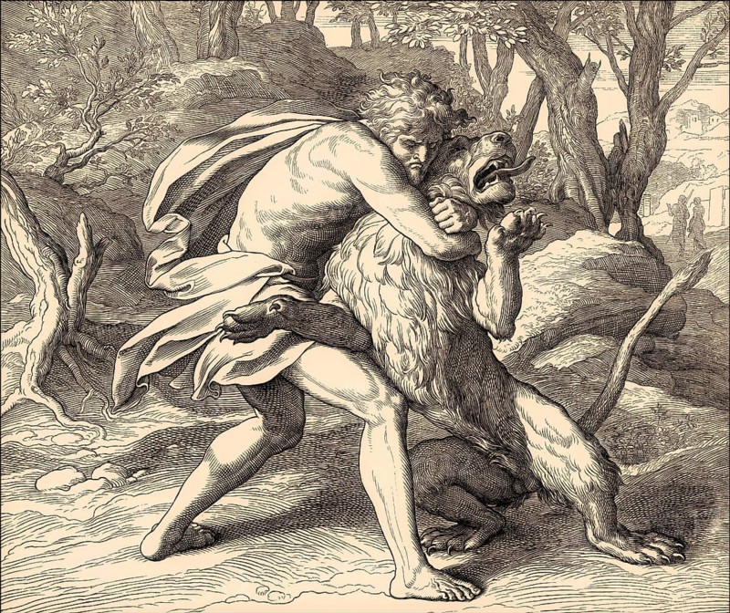 Samson Slaying the Lion, Old Testament, by Julius Schnorr von Carolsfeld, 1860