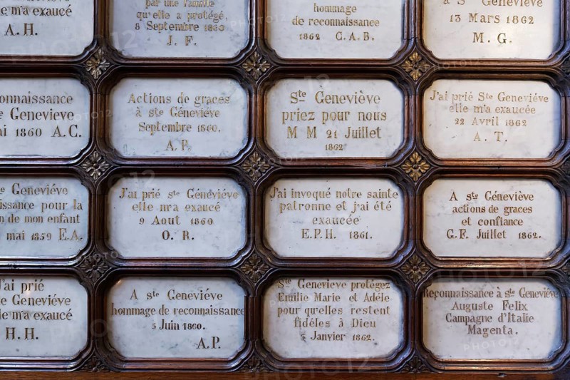 Historic Saint-Étienne-du-Mont church, votive tablets from the 19th century, in thanks to Saint Genoveva, Latin Quarter, Paris, France