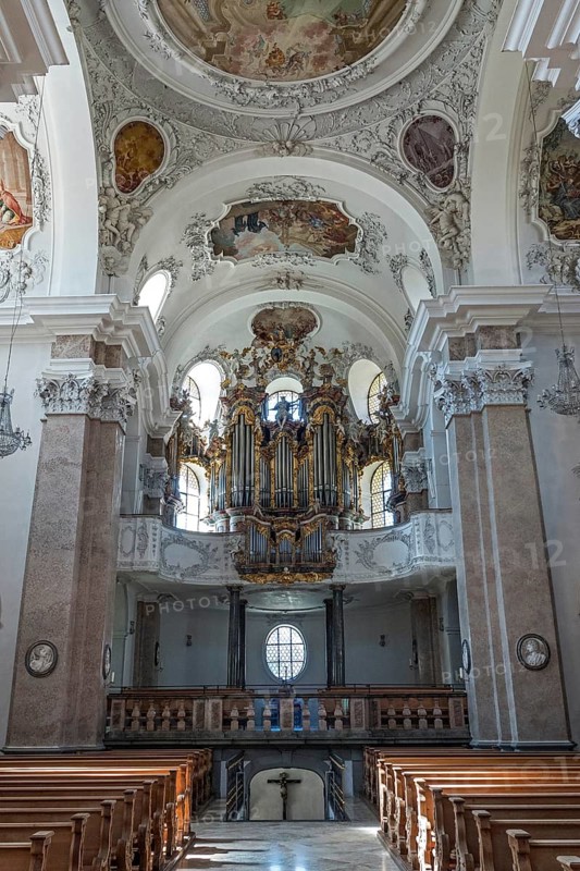 Church, Baroque Basilica of St. Mang, interior view, organ and ceiling frescoes, Füssen, Ostallgäu, Bavaria Germany