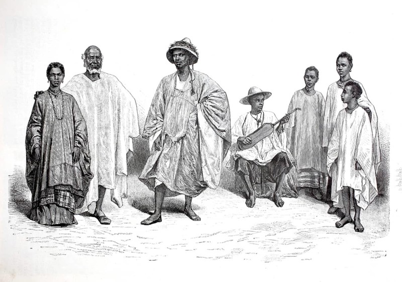 Native companions of the exploratory expedition of General Joseph Gallieni (1849-1916) in the late 19th century in Africa, from the area of the upper Niger, 1896, Niger, Africa, Illustration, Reproduction from a 19th century original. Authentic, file restored for optimal use, exact date of original unknown, Historical, Group of seven people posing in traditional dress, one playing a musical instrument