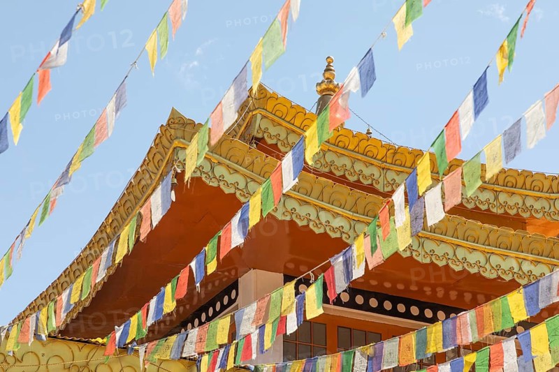 Vibrant prayer flags flutter around the ancient Gompa Soma in Leh, Ladakh, India. Nestled in the Himalayas, it symbolizes peace in Buddhist culture against a mountain backdrop