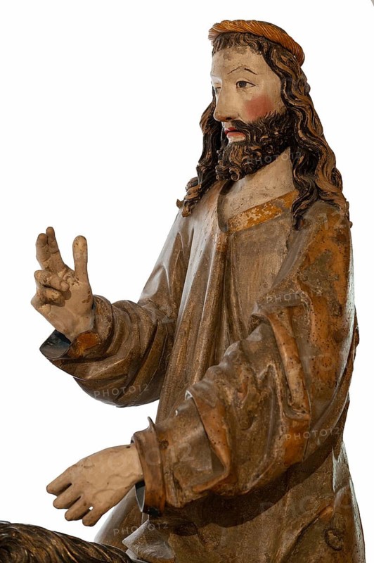 Palmesel, detail of Christ's head, wooden figure from 1470, on a white background, Franciscan Museum, Villingen, Baden-Württemberg, Germany