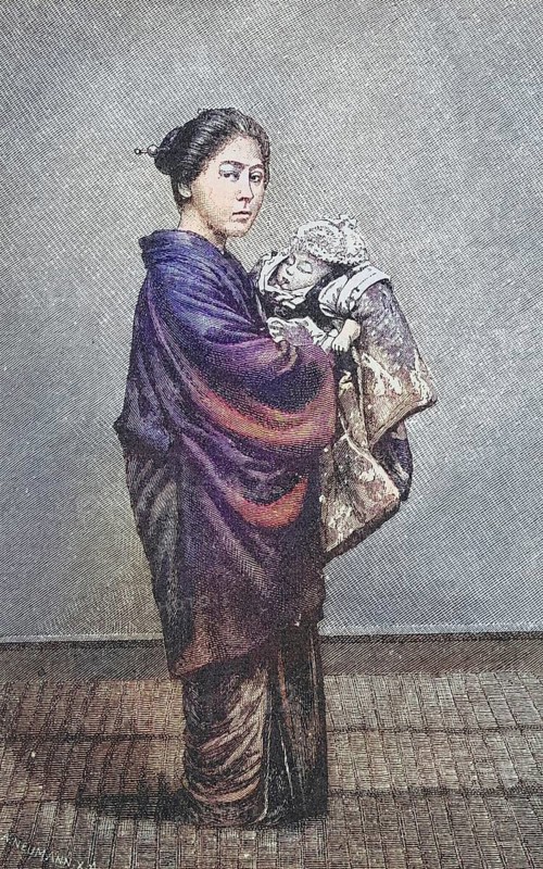 Women's life in Japan, Japanese mother with infant in her arms, Japanese woman, around 1885, Historical, digitally restored reproduction from a 19th century original, Women's life in Japan, Japanese mother with infant in her arms, Japanese woman, around 1885, Historical, digitally restored reproduction from a 19th century original
