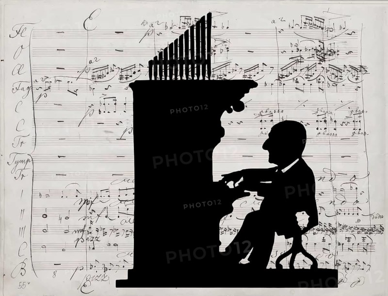 Anton Bruckner playing organ, Silhouette print by Hans Schließmann, Symphony No. 4, handwritten bei Bruckner, digitally edited