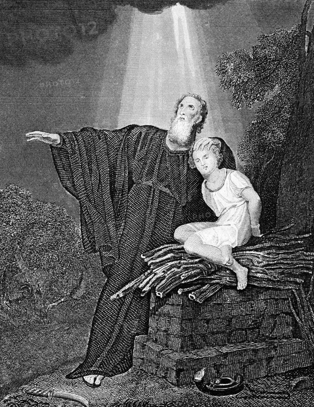 Abraham sacrifices his bound son Isaac, sacrificial altar, fear of God, rays of light from heaven, First Book of Moses, Chapter 12, Old Testament, Bible, historical illustration 1854