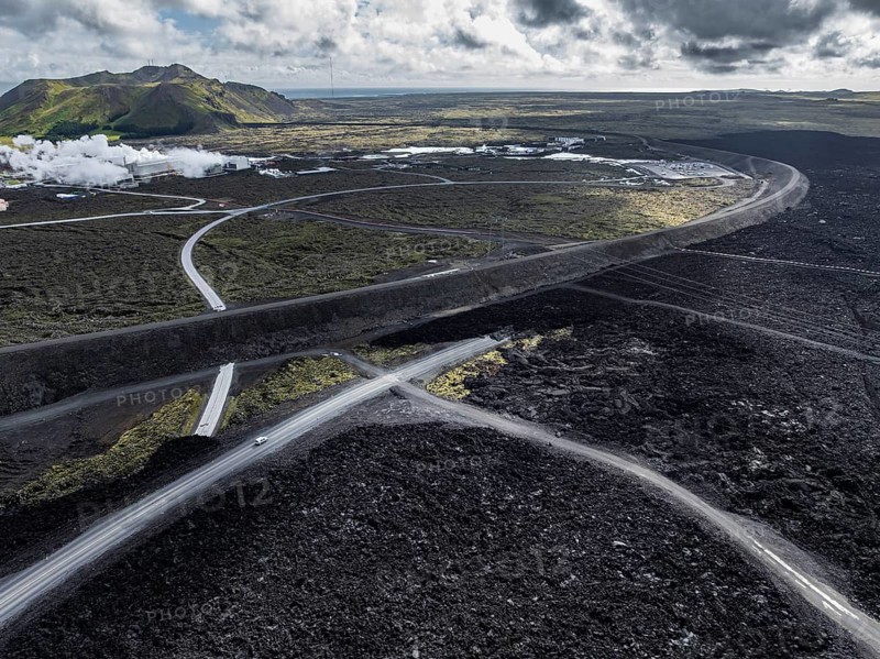 Lava, lava field, road, destroyed, summer, cloudy, sunny, aerial view, Blue Lagoon, Sundhnúkur crater series, Fagradalsfjall, Reykjanes, Iceland