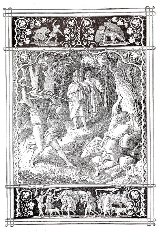 Hagen kills Siegfried, legend of the Nibelungs, illustration, reproduction from a model from the 19th century. Authentic, file restored for optimal use, exact date of submission unknown, historical