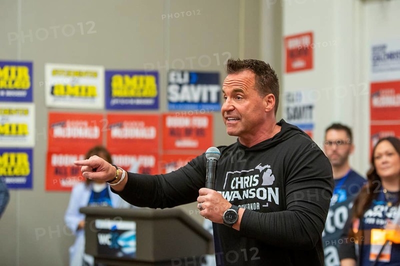Detroit, Michigan USA - 19 April 2026 - Chris Swanson campaigns for Michigan governor at the Michigan Democratic Nominating Convention. Swanson is currently the sheriff of Genesee County. The convention selected Democratic Party candidates for all 2026 statewide election positions except governor and U.S. senator