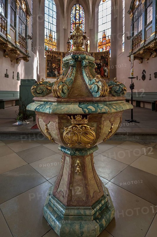 Baptismal font in the town church of St Maria, Hersbruck, Middle Franconia, Bavaria, Germany