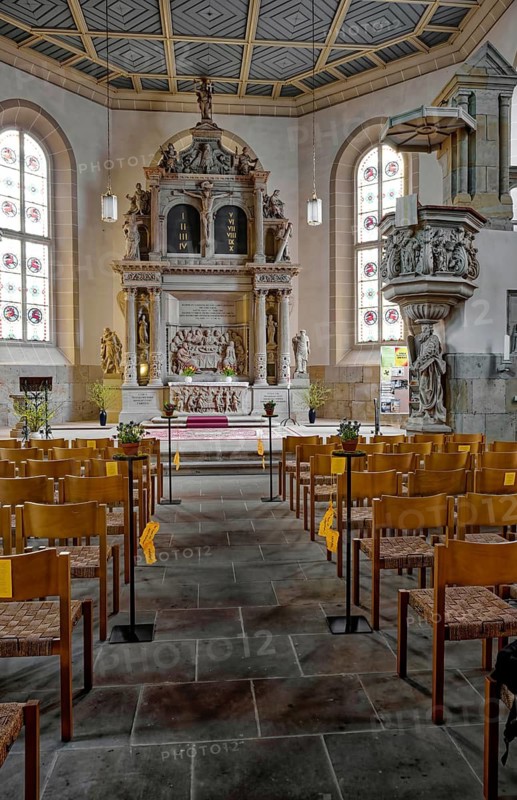 Historic Evangelical Lutheran St. John's Church, City Church, Interior View, Renaissance Altar, Sandstone Tower, Bad Schandau, Elbe Sandstone Mountains, Saxon Switzerland, Saxony, Germany