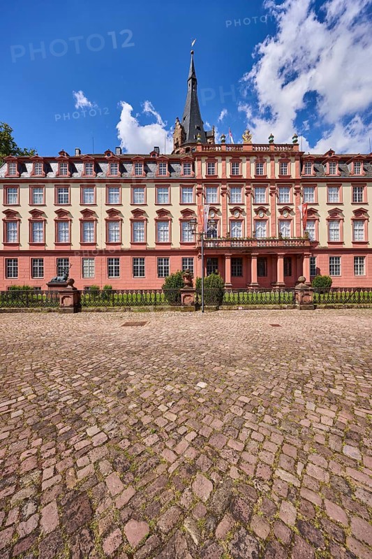 Erbach Castle, cobblestone square, blue sky with cumulus clouds, market square, Erbach, Odenwald, Odenwaldkreis, Hesse, Germany