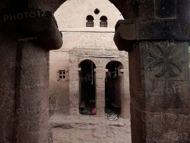 View of an old stone structure with arches and columns in the open, Unesco World Heritage Site, Lalibela Rock Church, Ethiopia