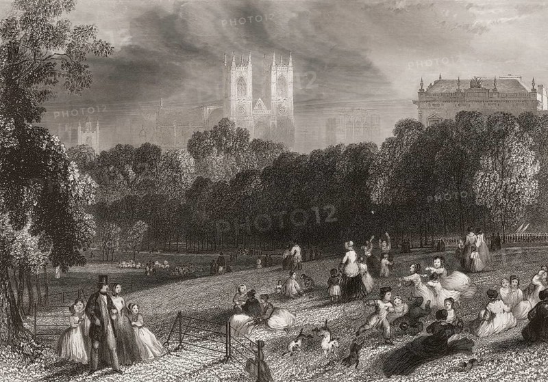 St James's Park, Buckingham Palace, Westminster Abbey, London, England, after Thomas Harvey, ca. 1800