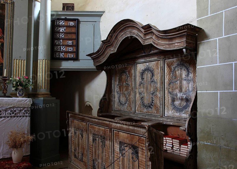 Romania, church stalls in the Romanesque hall church of the fortified church of Viscri, German Deutsch-Weisskirch a town in the district of Brasov, Transylvania, UNESCO World Heritage Site