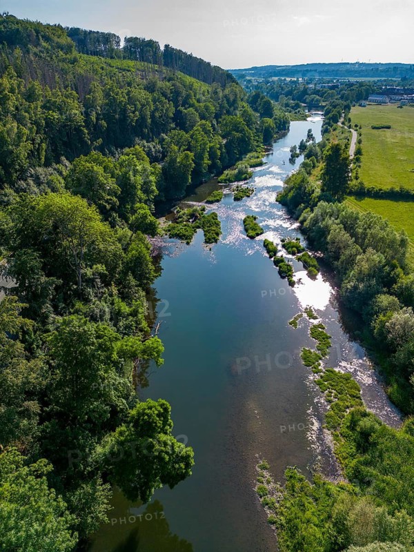 The Ruhr near Wickede, renaturalised, since 2013 river sections of the Ruhr that were previously canal-like have been renaturalised, sandbanks created and riverbanks unleashed, North Rhine-Westphalia, Germany