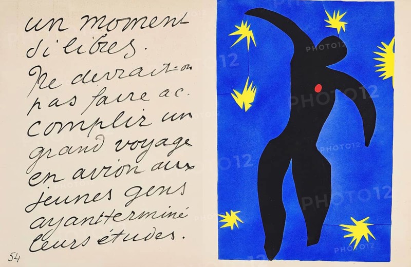 Henri Matisse, Henri Emile Benoit Matisse (born 31 December 1869, died 3 November 1954 in Cimiez), French painter, graphic artist, draughtsman, Classical Modernist. Here his work:, Icarus (1947), Icarus, Painting, Reproduction of the painting, Work of art, Historical, Abstract silhouette on blue background with handwritten text