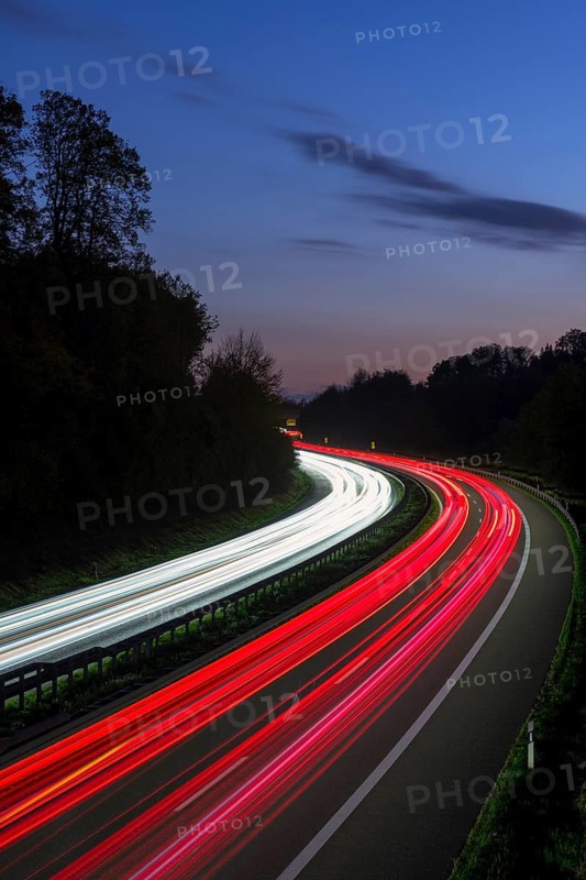 Long exposure of a motorway at night with red and white light trails of cars, Winnenden, Baden-Württemberg, Germany