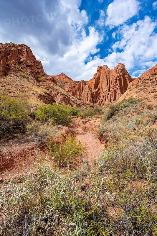 Eroded mountain landscape with sandstone cliffs, canyon with red and orange rock formations, Konorchek Canyon, Chuy, Kyrgyzstan