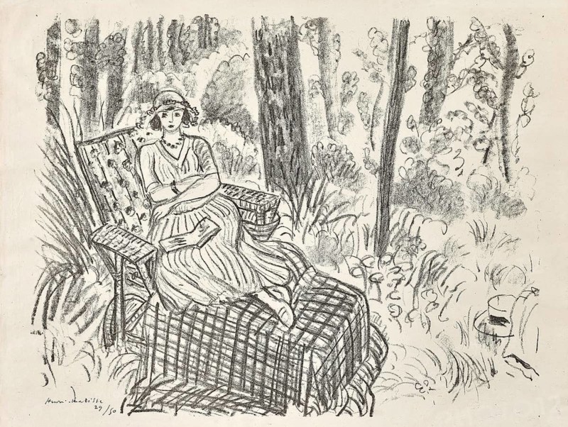 Henri Matisse, Henri Emile Benoit Matisse (born 31 December 1869, died 3 November 1954 in Cimiez), French painter, graphic artist, draughtsman, Classical Modernist. Here his work:, Jeune femme à la chaise longue dans un sous- bois (1922), Junge Frau auf einem Liegestuhl im Unterholz, Young woman on a deck chair in the woods, Painting, Reproduction of the painting, Work of art, Historic, A woman sits relaxed on a chair in the garden, surrounded by trees and plants