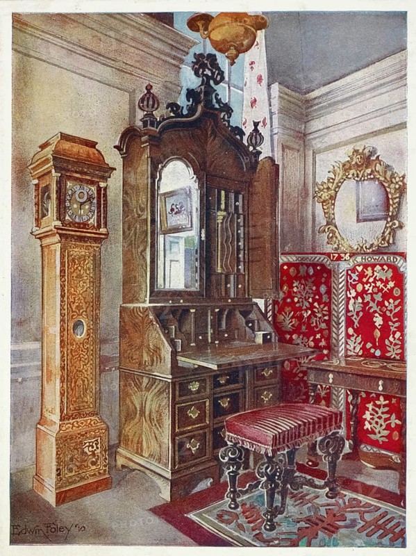 Furniture around the turn of the century 1900, Walnut desk top, Inlaid sycamore ('yellow') clock, Carved stool (1910, 1911), Walnut cabinet-top scrutoire, Inlaid sycamore ('yellow') clock, Carved tabouret (1910