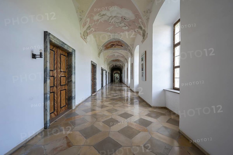 A long corridor in the Benedictine Abbey of Ottobeuren, Unterallgäu, Bavaria, Germany