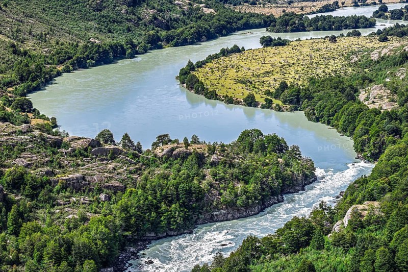 River Rio Baker River, rapids in the river that are bypassed by the Corte San Carlos historical pioneer trekking route, aerial view, Patagonia, Chile