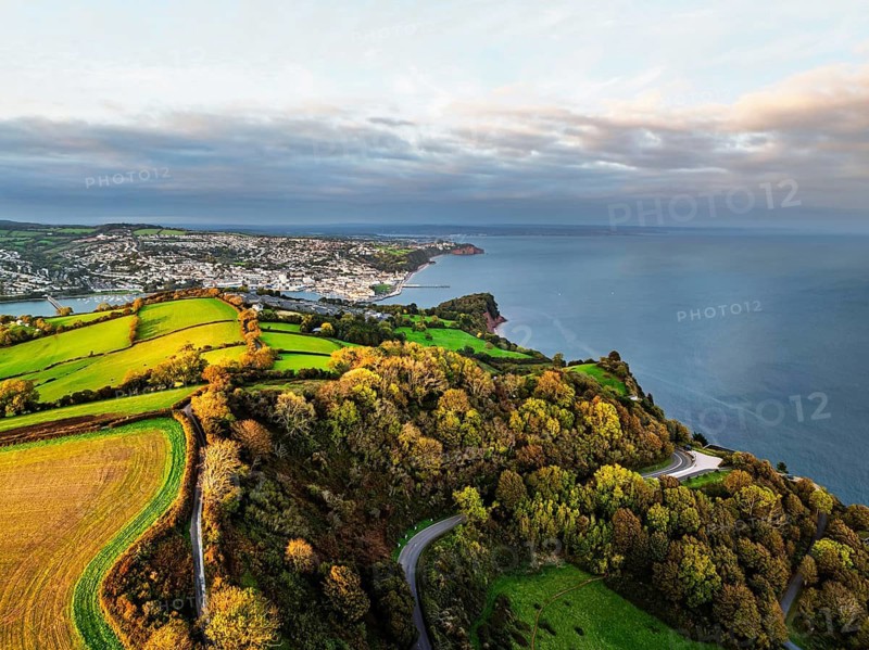 Colours of autumn Fields and Farms over Sheldon from a drone, Torbay, Devon, England, United Kingdom