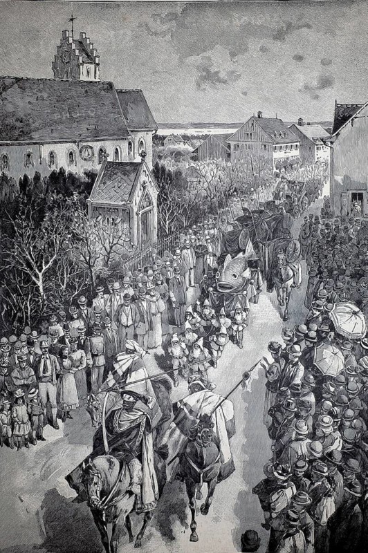 The Groppenkönig's procession at the spring festival in Ermattingen. The Groppe Carnival in Ermatingen am Untersee, Lake Constance, Canton of Thurgau is the most traditional carnival in Eastern Switzerland, 1896, Switzerland, illustration, reproduction from a model from the 19th century. Authentic, file restored for optimal use, exact date of submission unknown, Historical, A festive procession passes through a village, past a church, accompanied by a large crowd