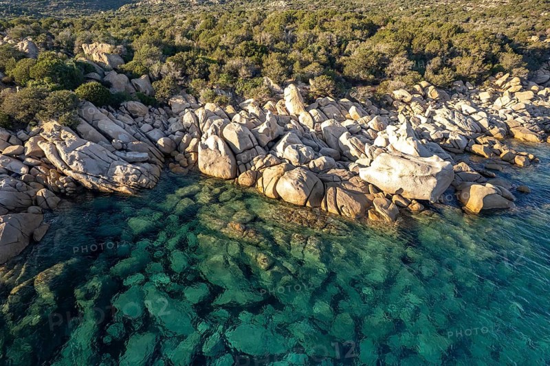 Rock formation on the coast near Tizzano seen from the air, Sartene, Corsica, France