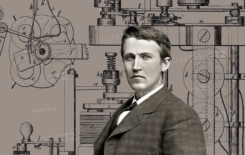Thomas Alva Edison, 1847, 1931, American inventor, Telegraph Apparatus, Patented 1872, digitally edited according to a photography by Mathew Brady, 1878