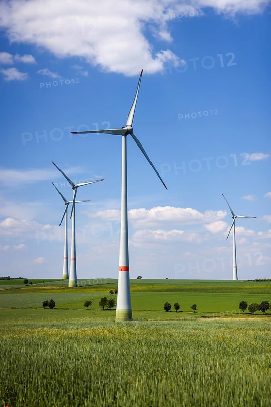 Lichtenau, North Rhine-Westphalia, Germany, wind farm in agricultural landscape with fields, hills and trees