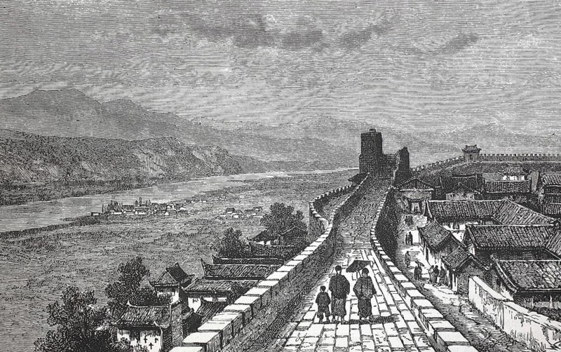 Historical lithograph of the city of Hsing-gan Fu, now Ankang, in Shaanxi Province (formerly Shen-si), China, from 1875, from the Sosnowski Voyage through China, The Sosnowski Expedition (1874-1875) was an important Russian research and trade mission to China. Its aim was to open up new land routes for trade, and to examine the economic prospects, Illustration, reproduction from a 19th century original. Authentic, file restored for optimal use, exact date of original unknown, Historical